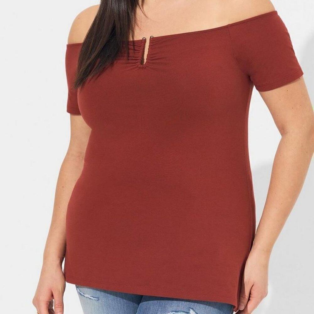 Torrid Foxy Brick Red Off Shoulder U-Bar Short Sleeve Top Blouse 3X 4X 5X 6X